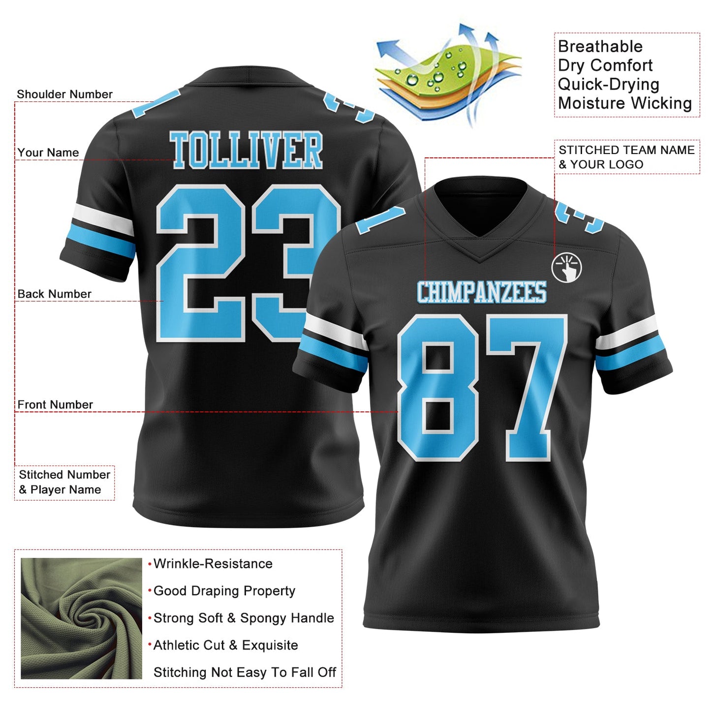 Custom Black Sky Blue-White Mesh Authentic Football Jersey