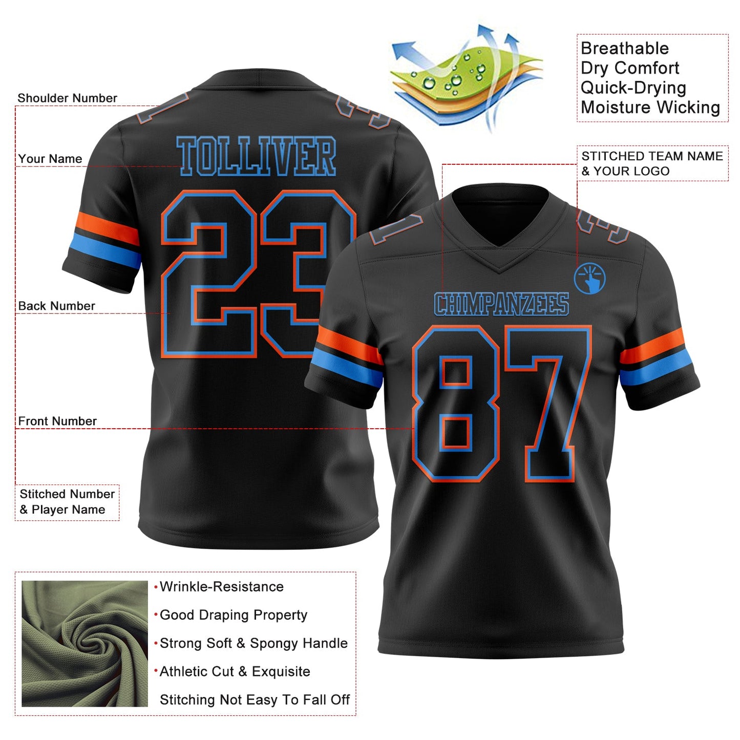 Custom Black Powder Blue-Orange Mesh Authentic Football Jersey