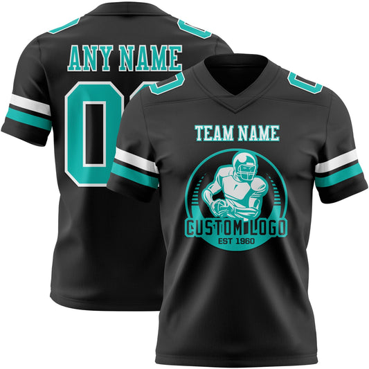 Custom Black Aqua-White Mesh Authentic Football Jersey