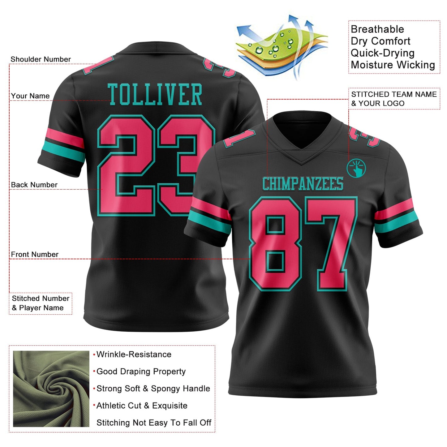 Custom Black Neon Pink-Aqua Mesh Authentic Football Jersey