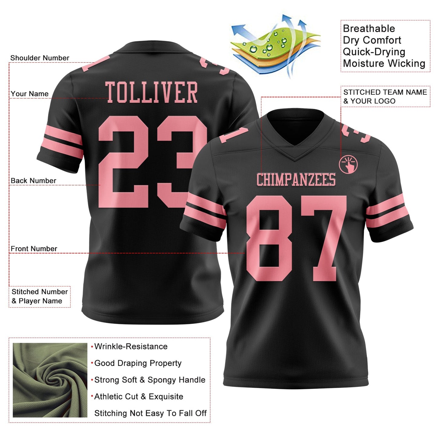 Custom Black Medium Pink Mesh Authentic Football Jersey