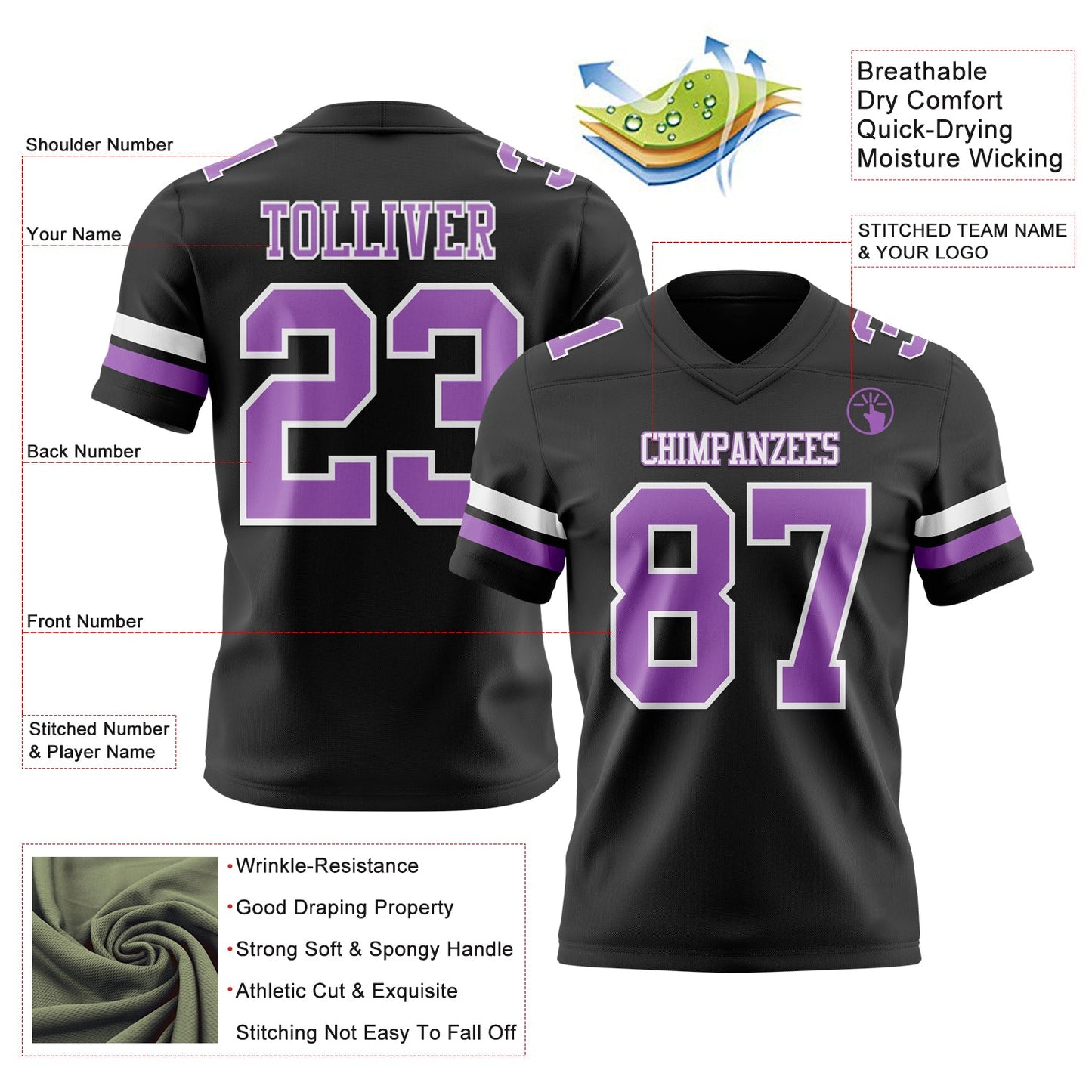Custom Black Medium Purple-White Mesh Authentic Football Jersey