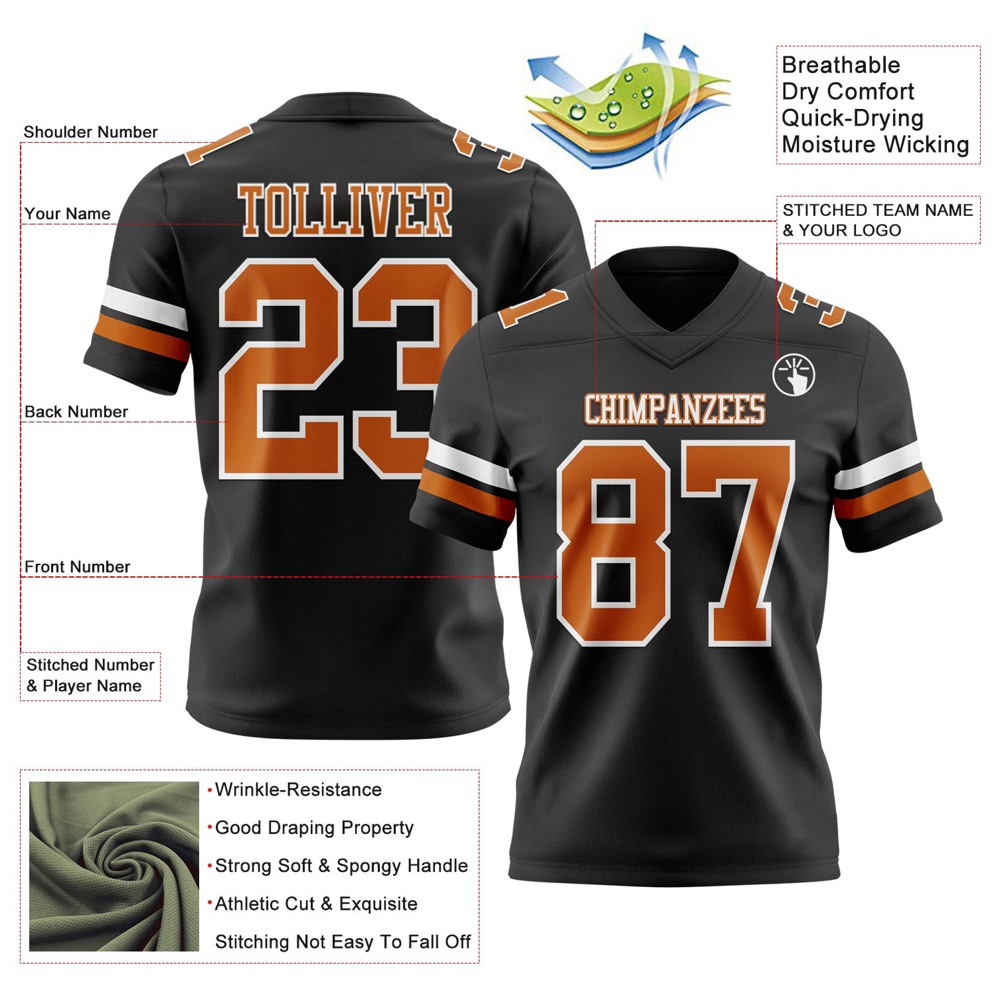 Custom Black Texas Orange-White Mesh Authentic Football Jersey
