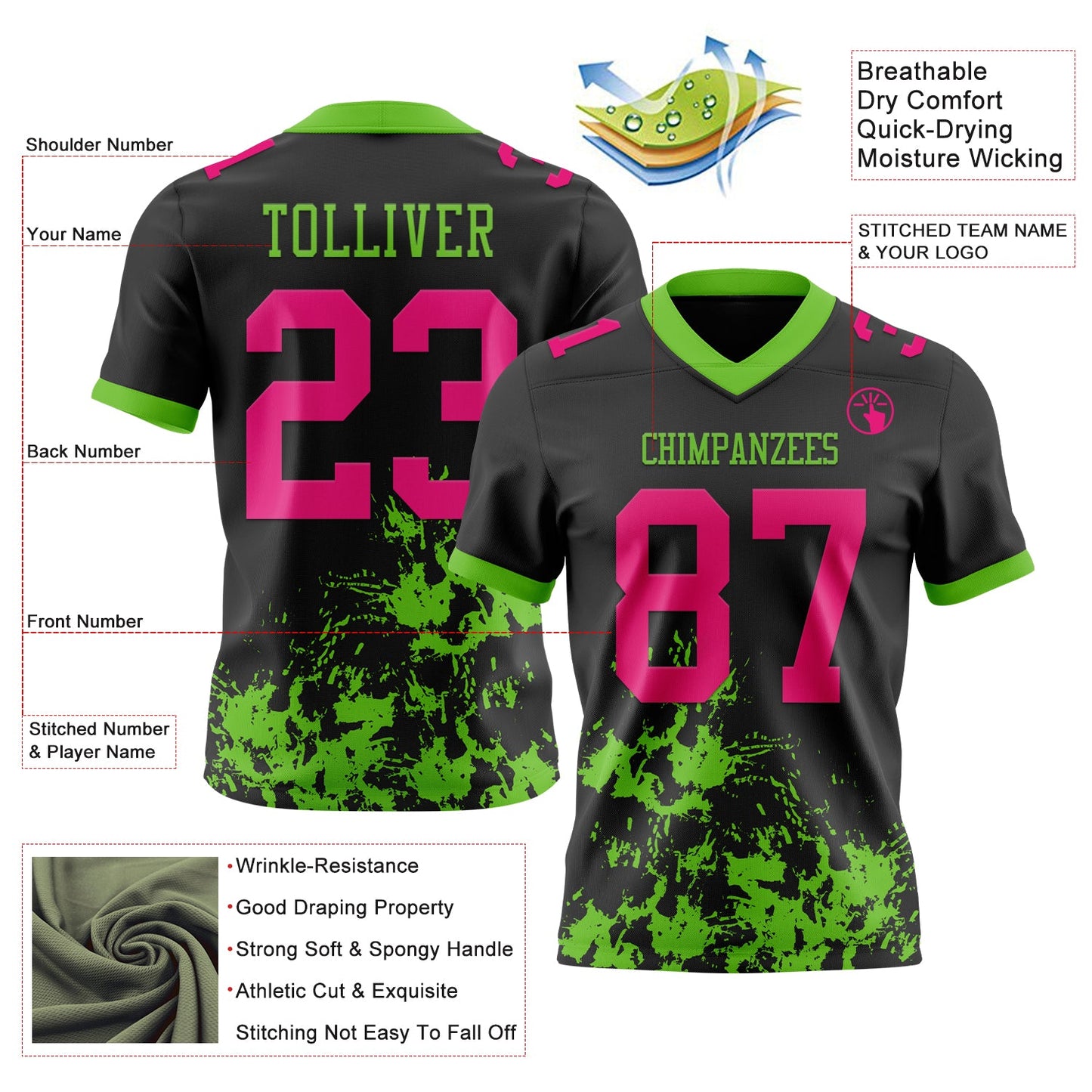 Custom Black Hot Pink-Aurora Green Splash Mesh Authentic Football Jersey