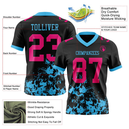 Custom Black Hot Pink-Sky Blue Splash Mesh Authentic Football Jersey