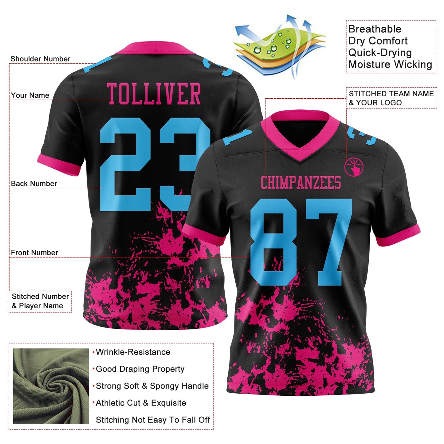 Custom Black Sky Blue-Hot Pink Splash Mesh Authentic Football Jersey