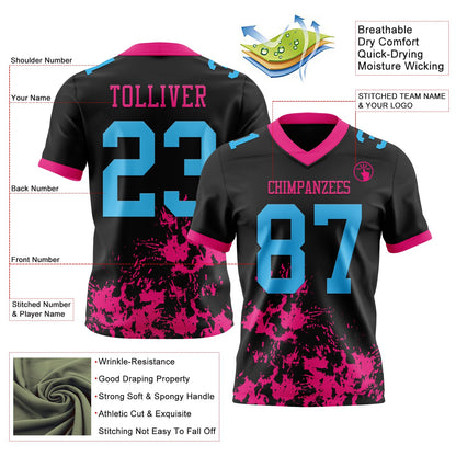 Custom Black Sky Blue-Hot Pink Splash Mesh Authentic Football Jersey