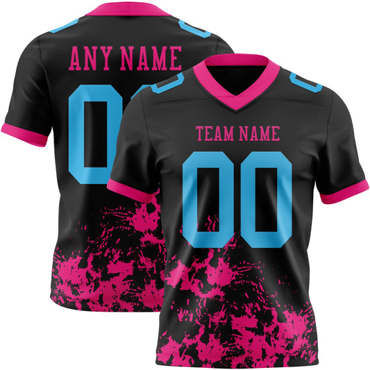 Custom Black Sky Blue-Hot Pink Splash Mesh Authentic Football Jersey