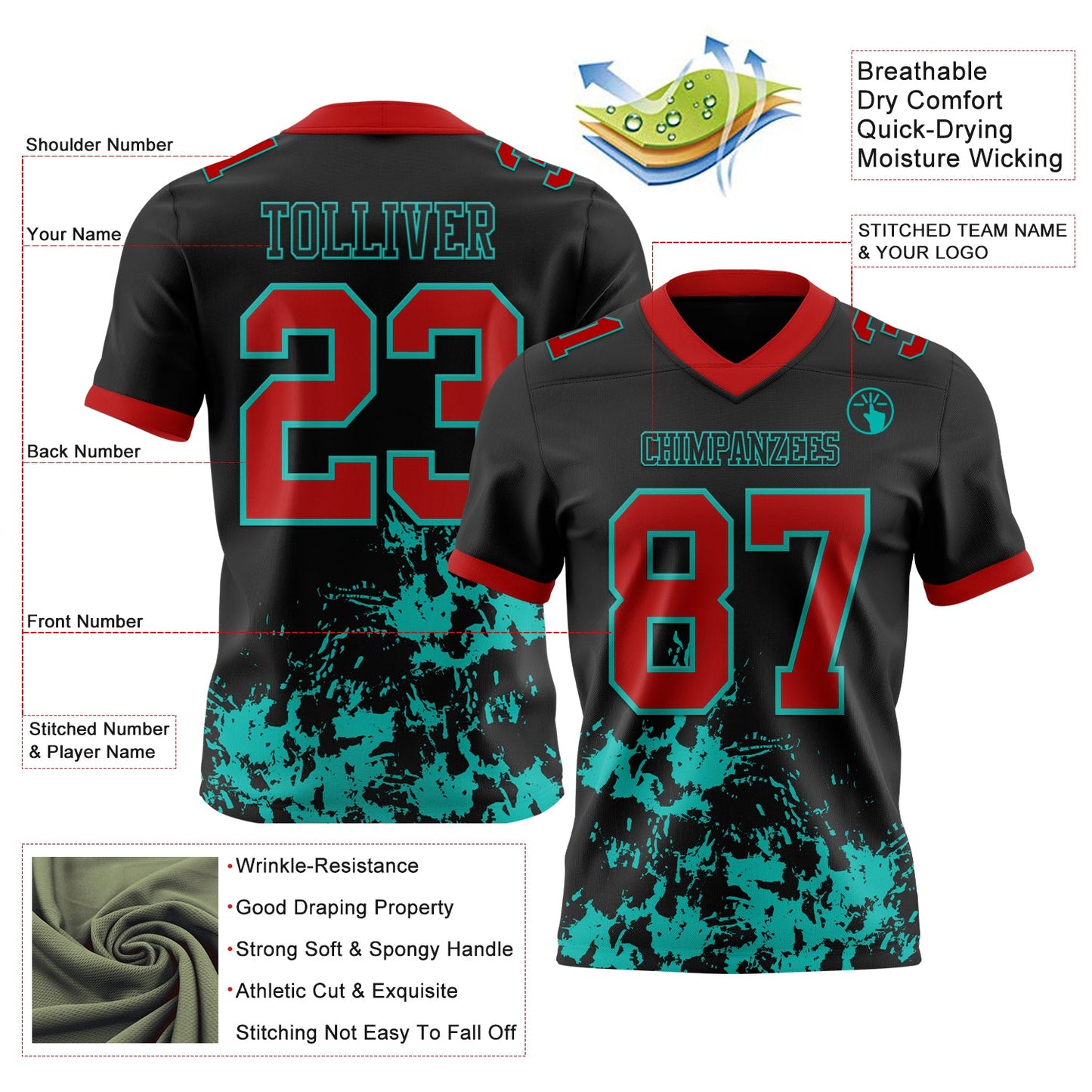 Custom Black Red-Aqua Splash Mesh Authentic Football Jersey