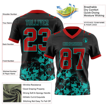 Custom Black Red-Aqua Splash Mesh Authentic Football Jersey