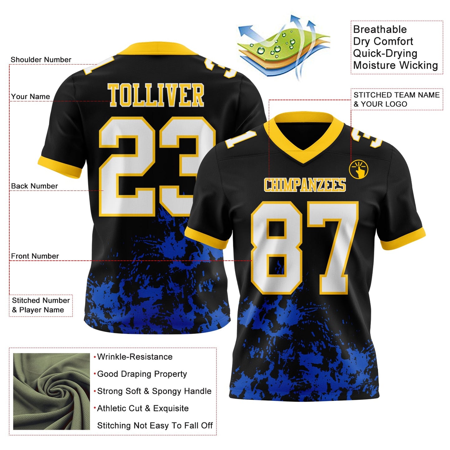 Custom Black White Thunder Blue-Yellow Splash Mesh Authentic Football Jersey