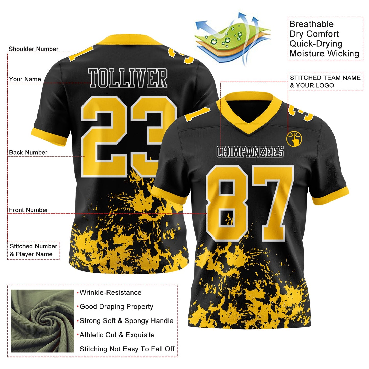 Custom Black Yellow-White Splash Mesh Authentic Football Jersey