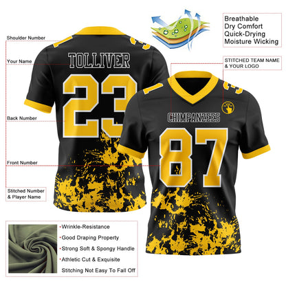 Custom Black Yellow-White Splash Mesh Authentic Football Jersey