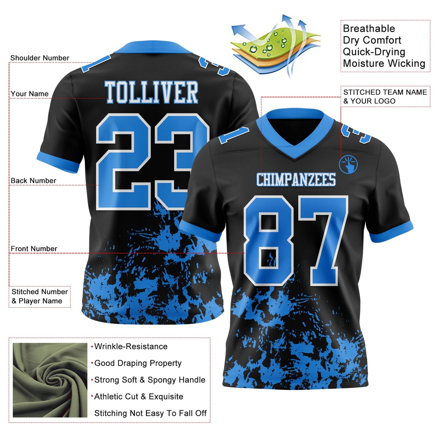 Custom Black Powder Blue-White Splash Mesh Authentic Football Jersey