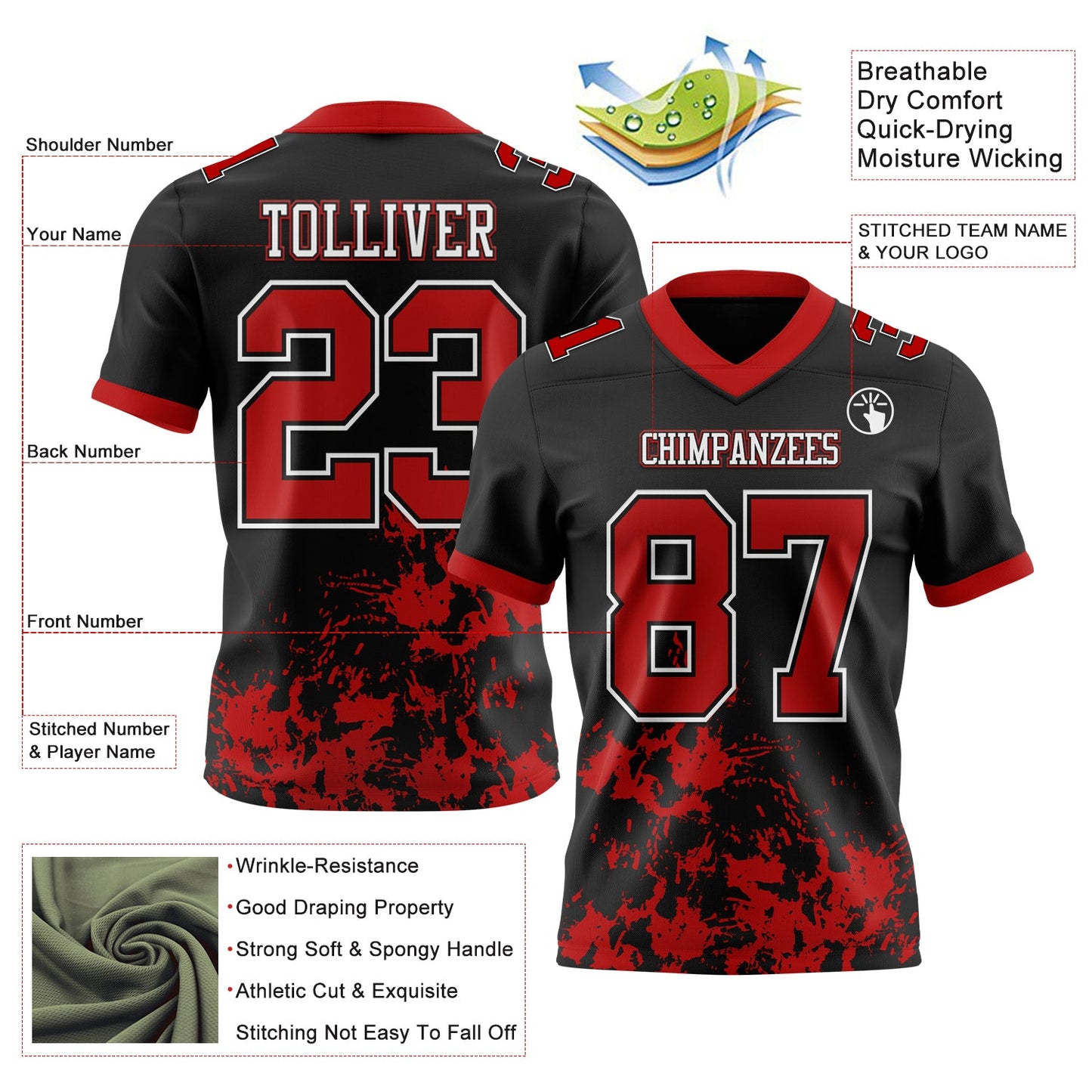 Custom Black Red-White Splash Mesh Authentic Football Jersey