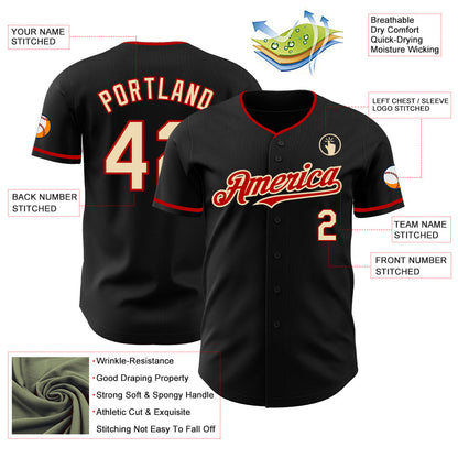 Custom Black Cream-Red Authentic Baseball Jersey