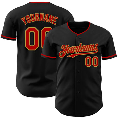 Custom Black Red-Old Gold Authentic Baseball Jersey