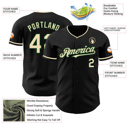 Custom Black Cream-Green Authentic Baseball Jersey