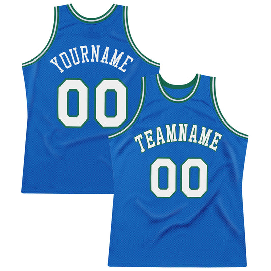 Custom Blue White-Kelly Green Authentic Throwback Basketball Jersey