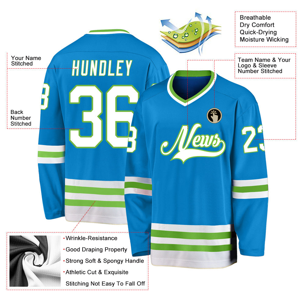Custom Blue White-Neon Green Hockey Jersey