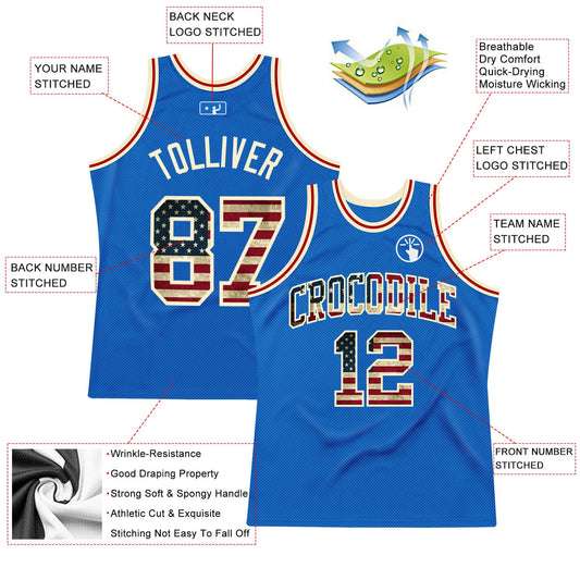 Custom Blue Vintage USA Flag-Cream Authentic Throwback Basketball Jersey