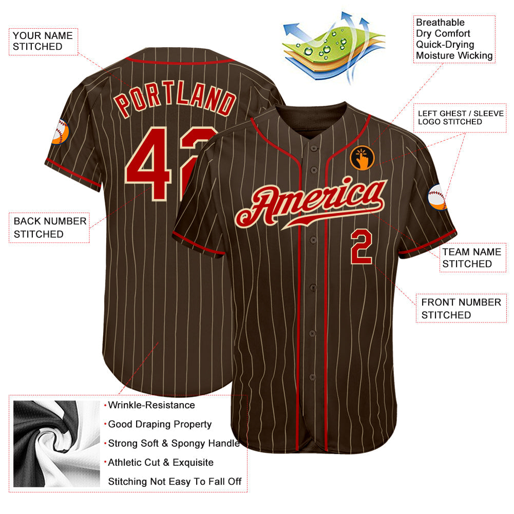 Custom Brown Cream Pinstripe Red-Cream Authentic Baseball Jersey