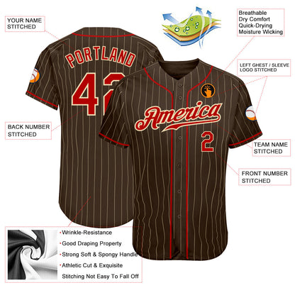Custom Brown Cream Pinstripe Red-Cream Authentic Baseball Jersey