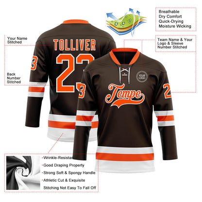 Custom Brown Orange-White Hockey Lace Neck Jersey