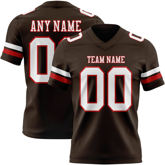 Custom Brown White-Red Mesh Authentic Football Jersey