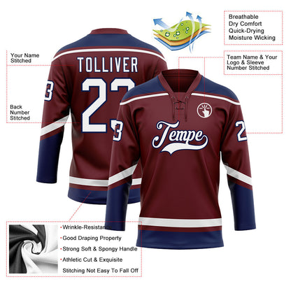 Custom Burgundy White-Navy Hockey Lace Neck Jersey