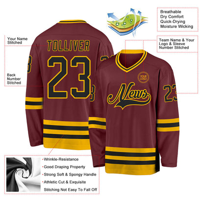 Custom Burgundy Black-Gold Hockey Jersey