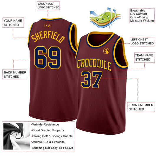 Custom Burgundy Navy-Gold Authentic Basketball Jersey