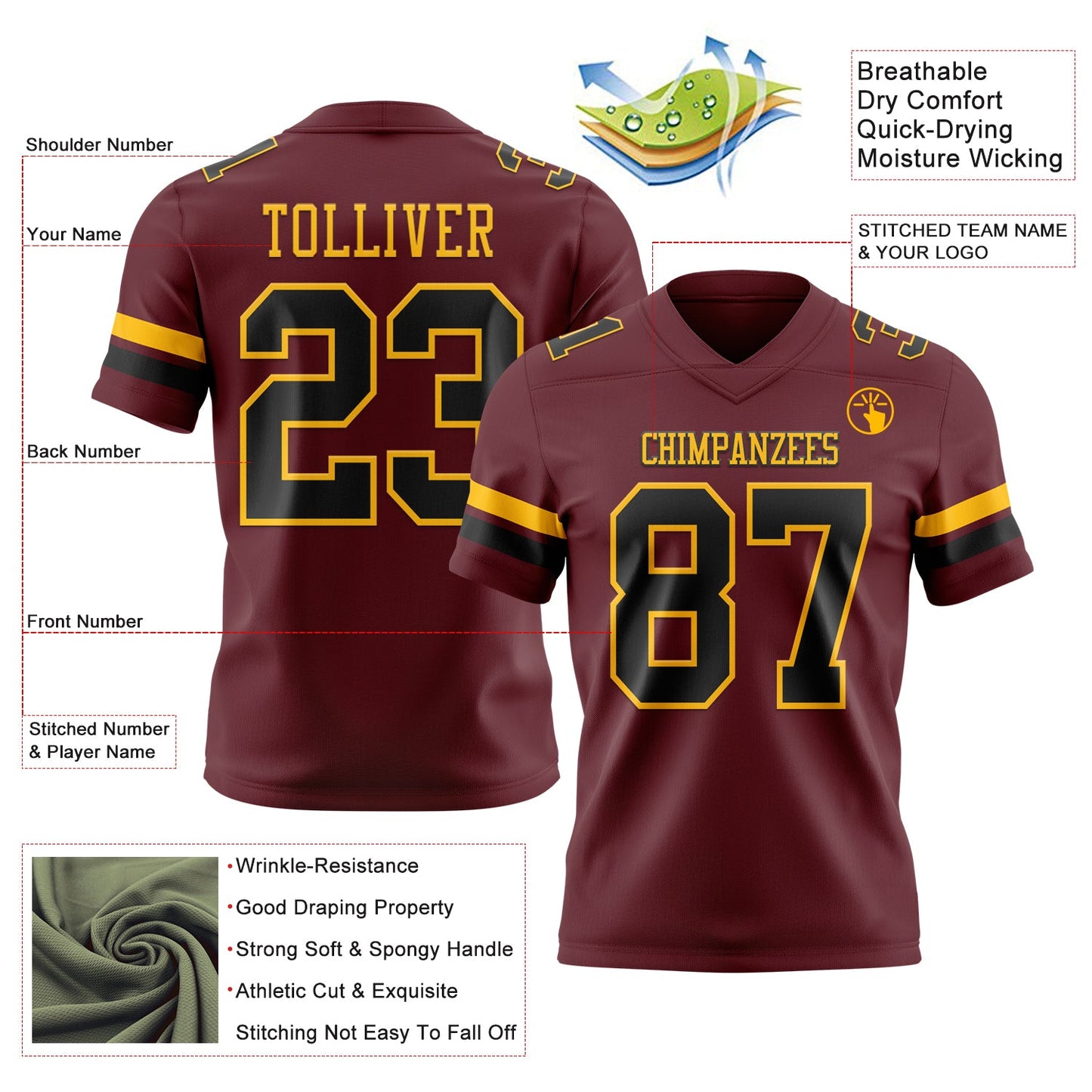 Custom Burgundy Black-Gold Mesh Authentic Football Jersey