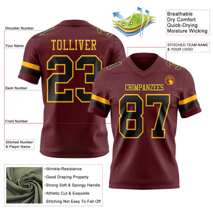 Custom Burgundy Black-Gold Mesh Authentic Football Jersey