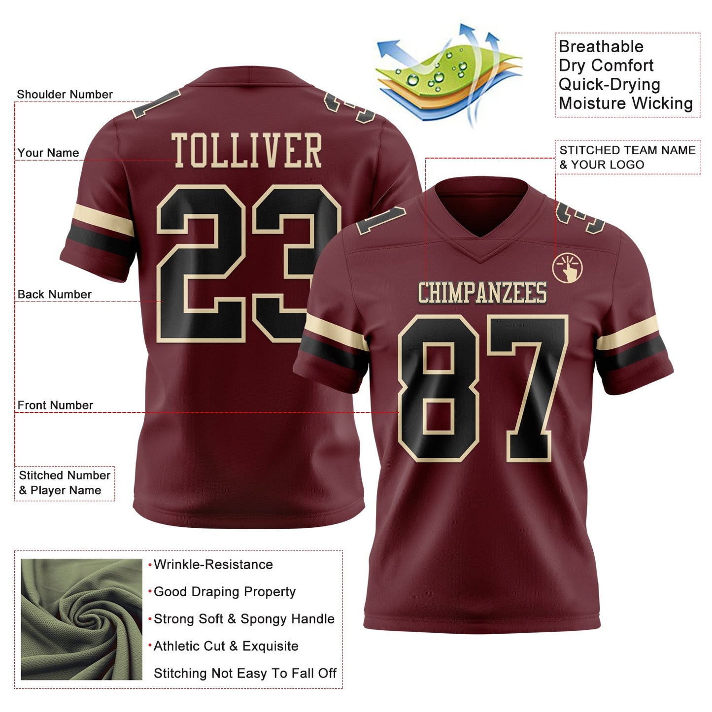Custom Burgundy Black-Cream Mesh Authentic Football Jersey