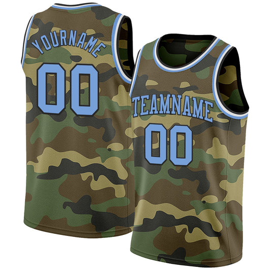 Custom Camo Light Blue Black-White Authentic Salute To Service Basketball Jersey