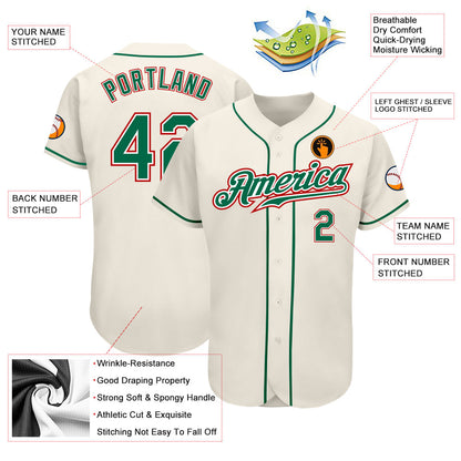 Custom Cream Kelly Green-Red Authentic Baseball Jersey