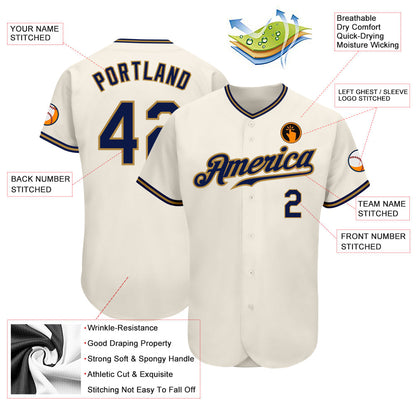 Custom Cream Navy-Old Gold Authentic Baseball Jersey
