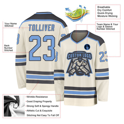 Custom Cream Light Blue-Steel Gray Hockey Jersey