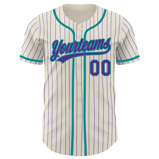 Custom Cream Purple Pinstripe Teal Authentic Baseball Jersey