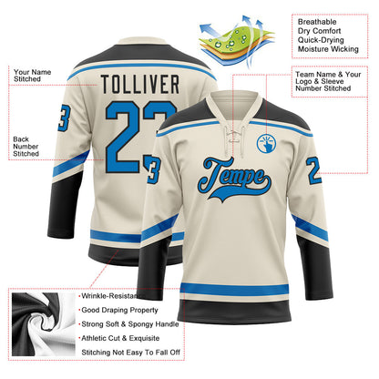 Custom Cream Blue-Black Hockey Lace Neck Jersey