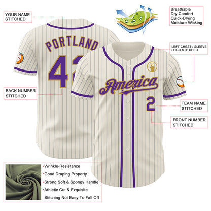Custom Cream Gray Pinstripe Purple-Old Gold Authentic Baseball Jersey