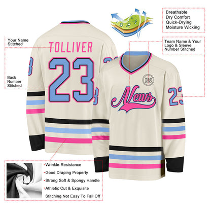 Custom Cream Light Blue Black-Pink Hockey Jersey