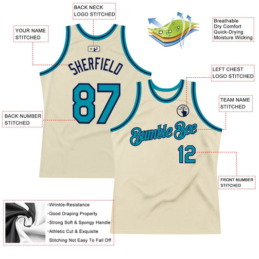 Custom Cream Teal-Navy Authentic Throwback Basketball Jersey