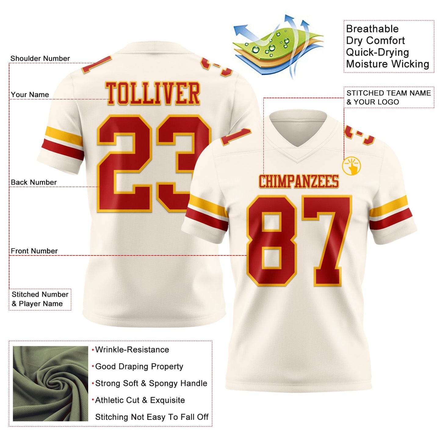 Custom Cream Red-Gold Mesh Authentic Football Jersey