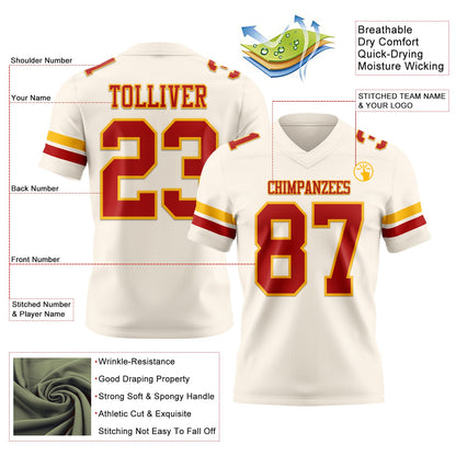 Custom Cream Red-Gold Mesh Authentic Football Jersey