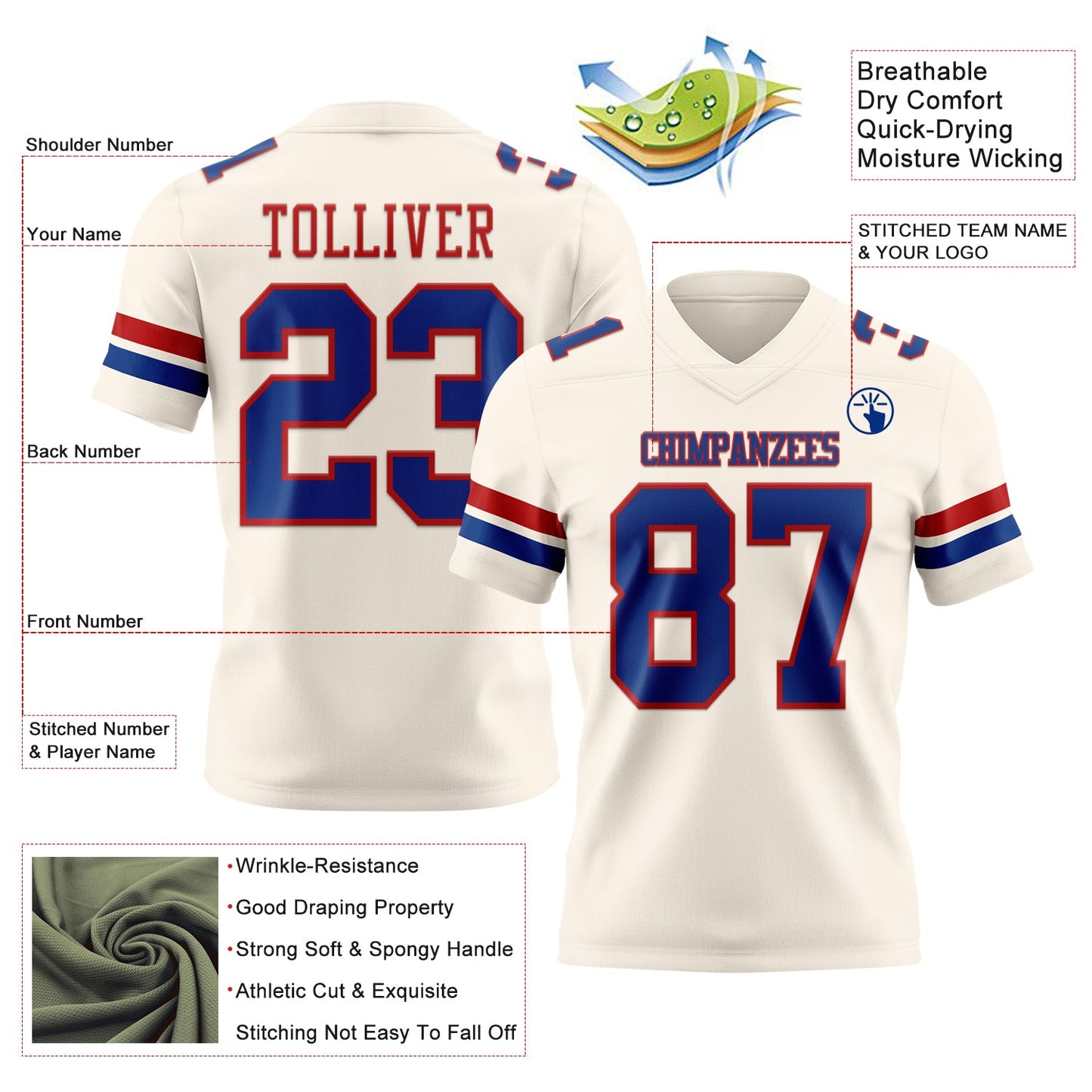 Custom Cream Royal-Red Mesh Authentic Football Jersey