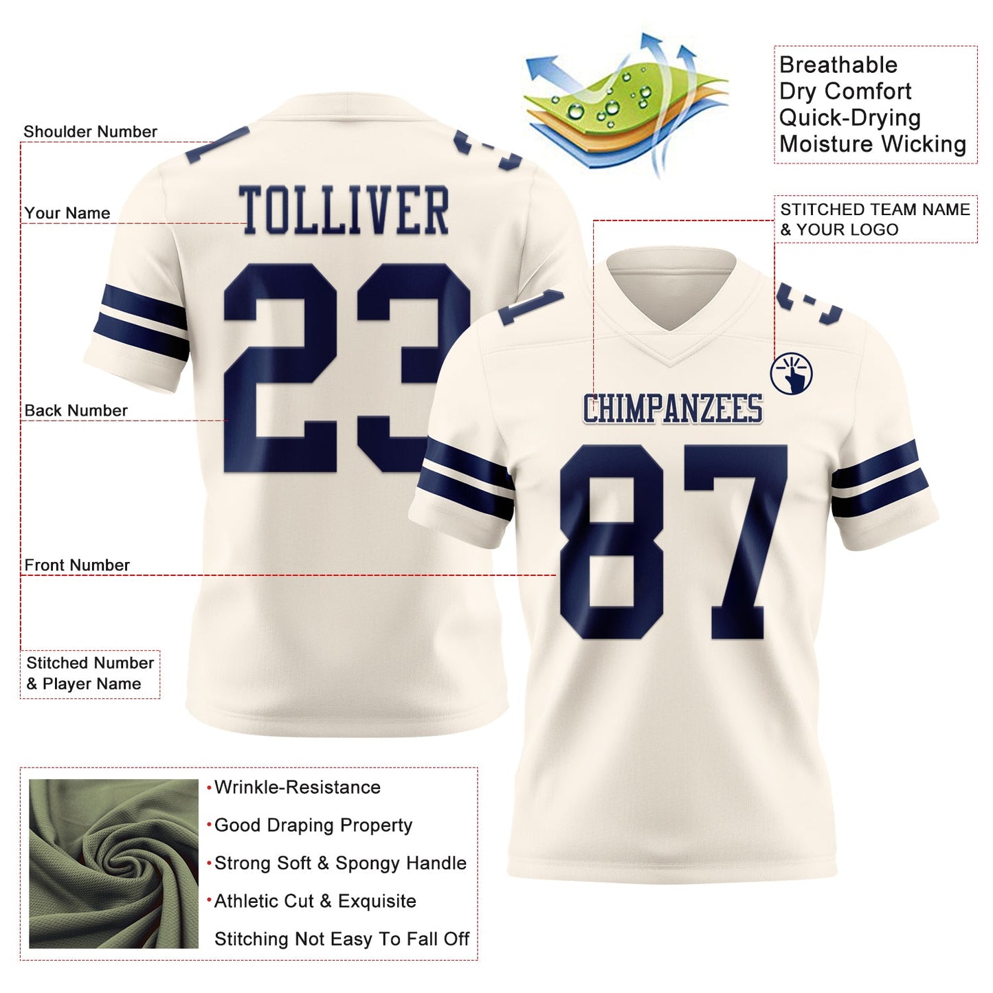 Custom Cream Navy Mesh Authentic Football Jersey