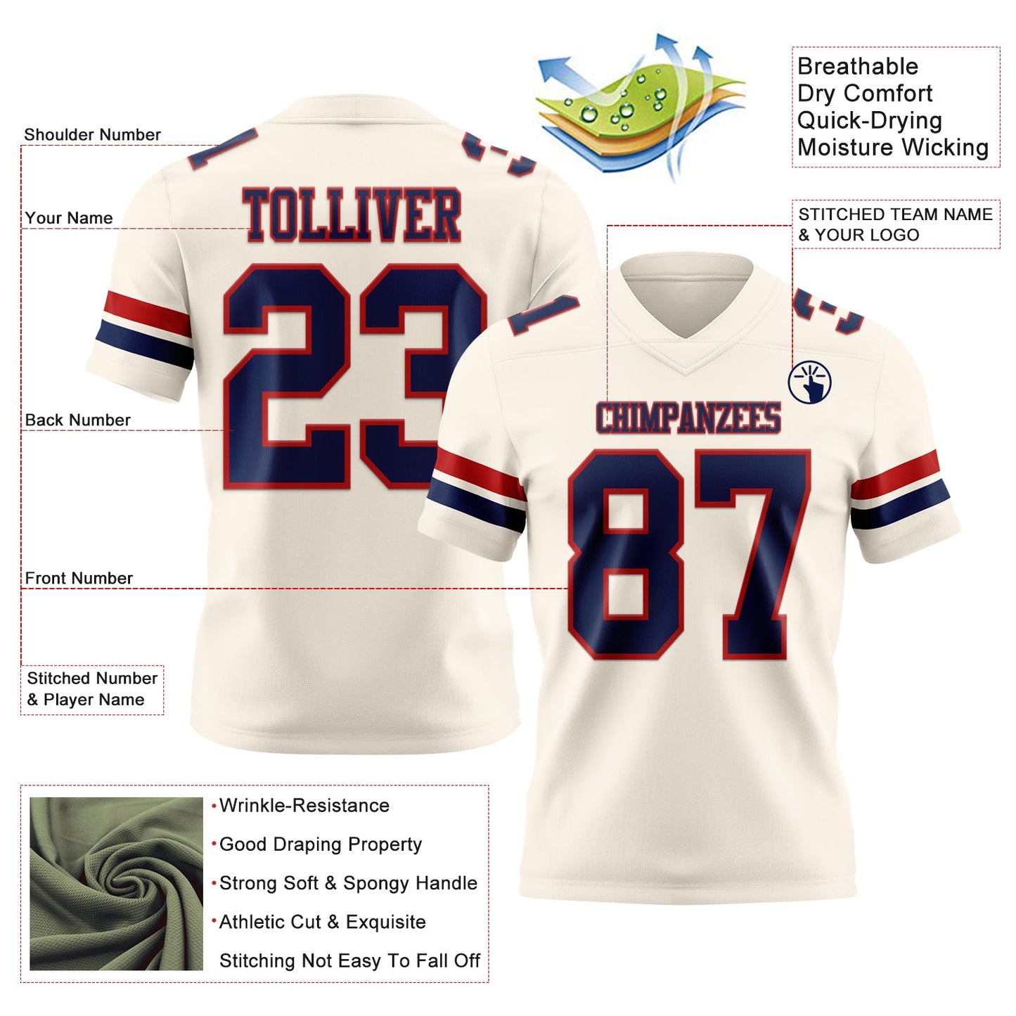 Custom Cream Navy-Red Mesh Authentic Football Jersey