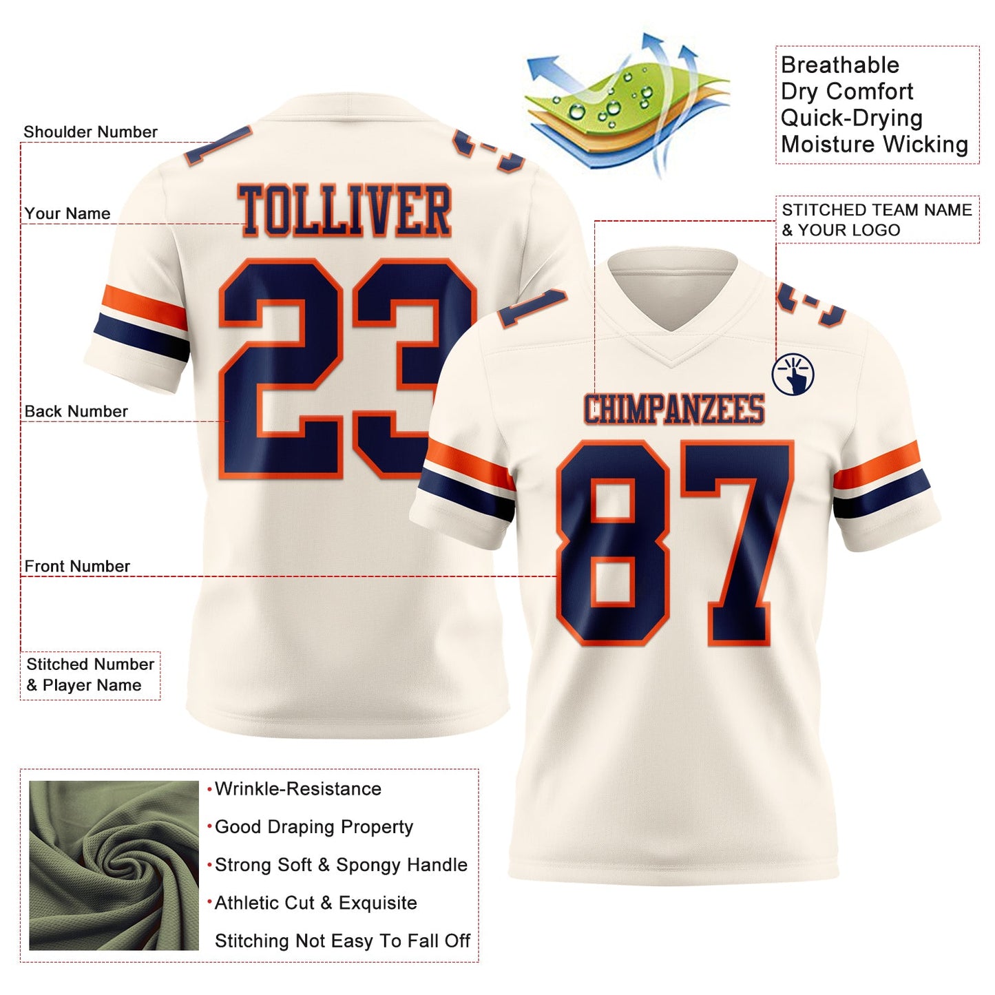 Custom Cream Navy-Orange Mesh Authentic Football Jersey